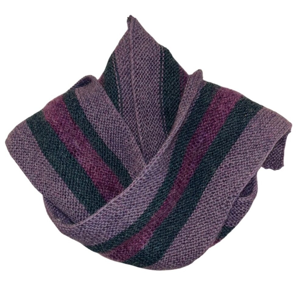 Hand Knit plum purple teal green wool and mohair striped scarf